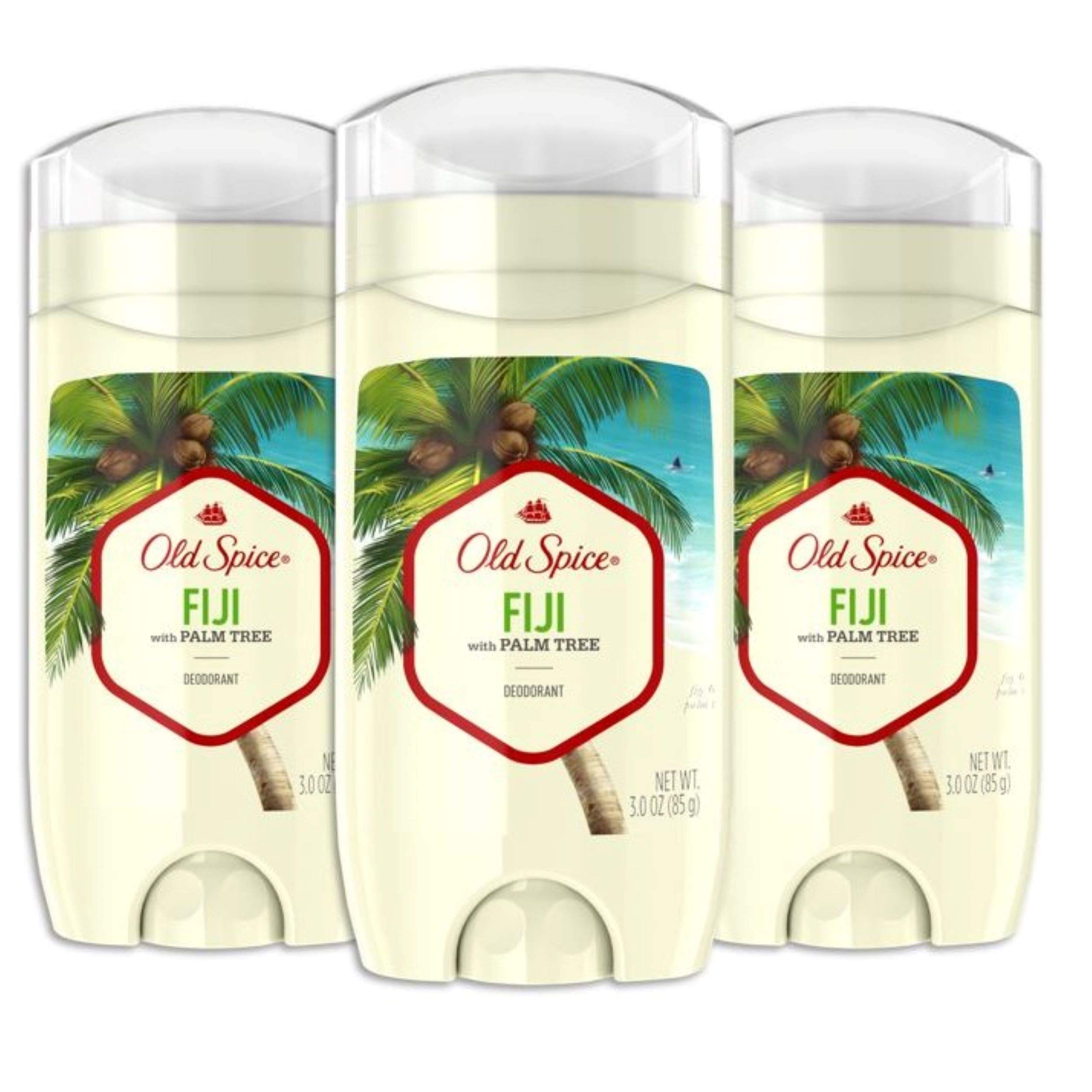 Old Spice Fiji palm tree scent bottle showing island freshness with aluminum-free protection.