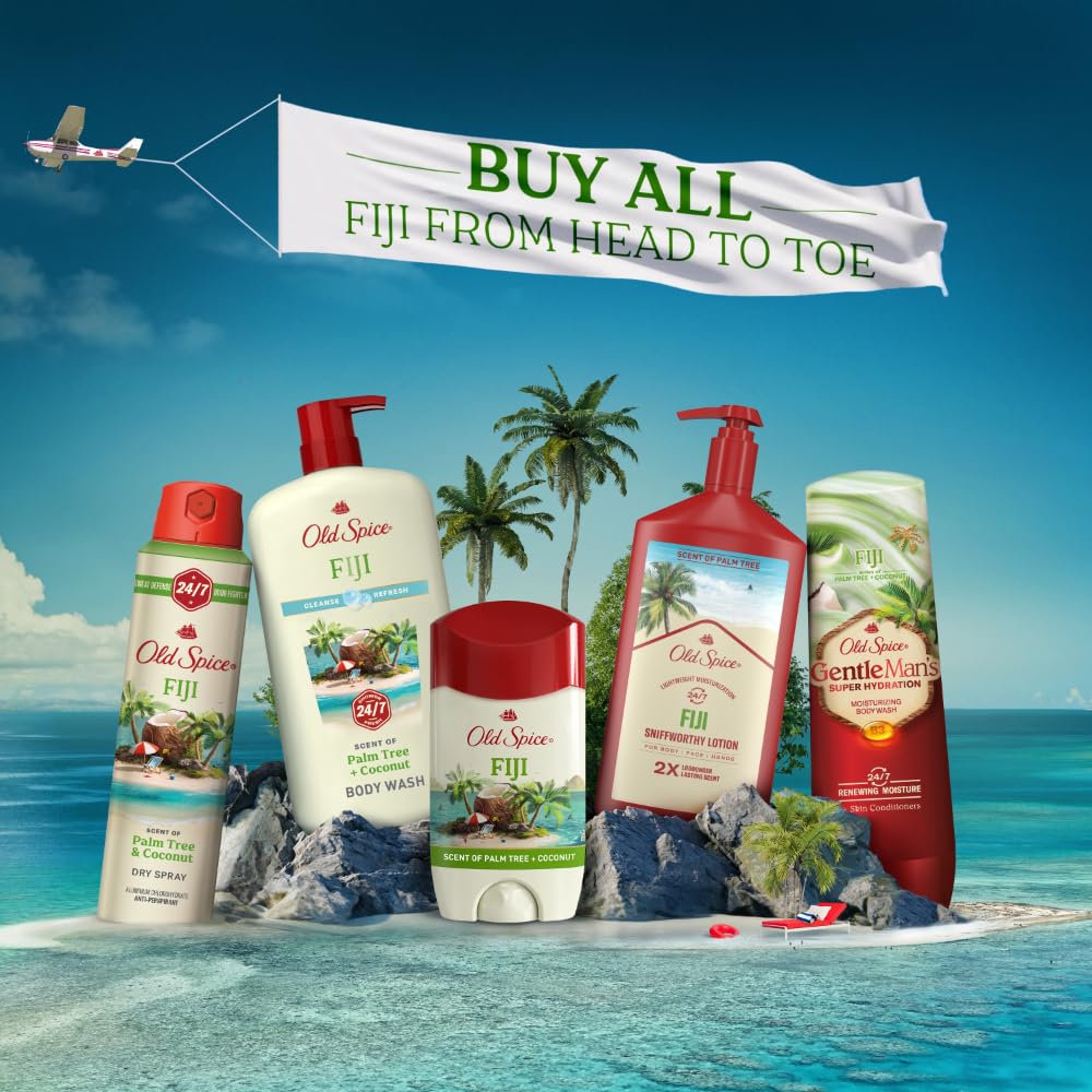 Old Spice Fiji Palm Tree shelf display highlighting long-lasting fragrance