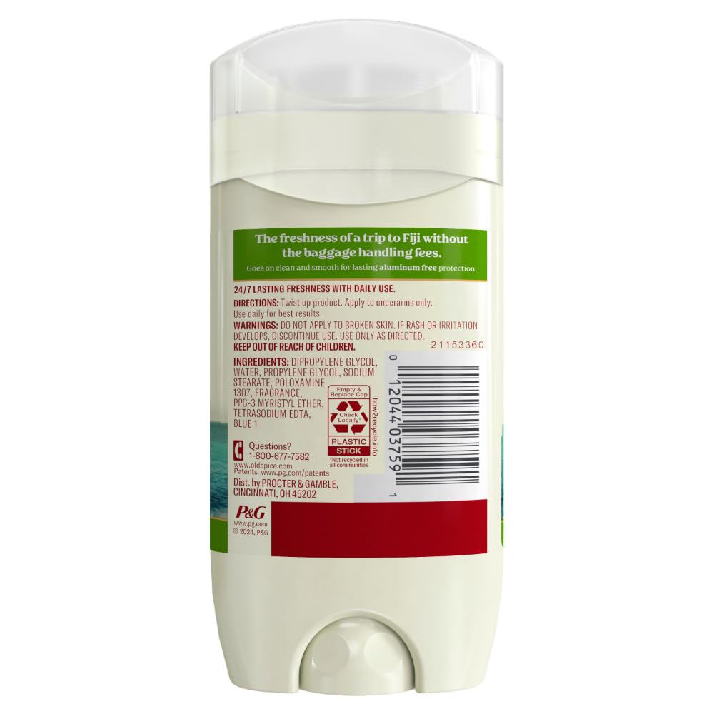 Old Spice Fiji Palm Tree product against tropical background evokes adventure