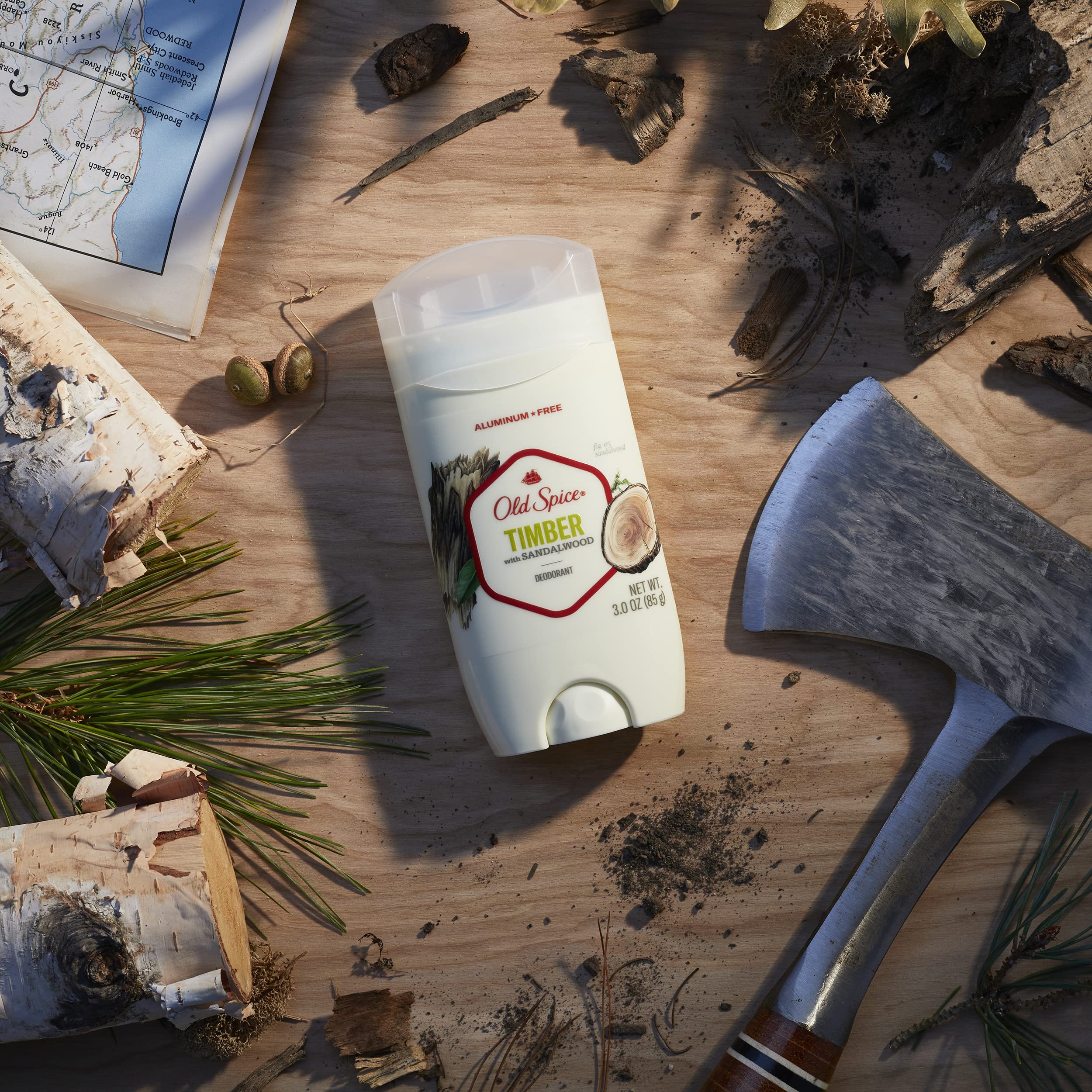Old Spice Fresher Timber packaging box image emphasizes convenient, quick-dry protection