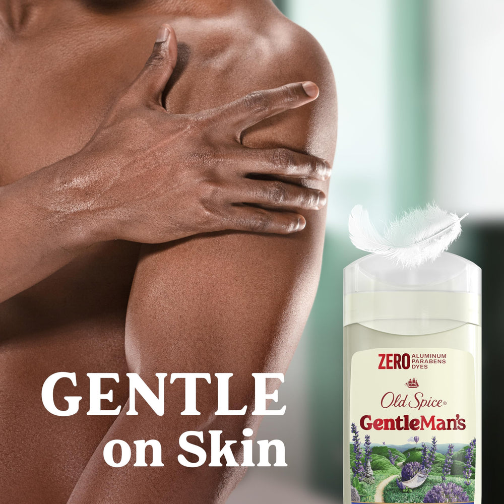 Old Spice Gentleman's aluminum-free label emphasizes skin-friendly care.