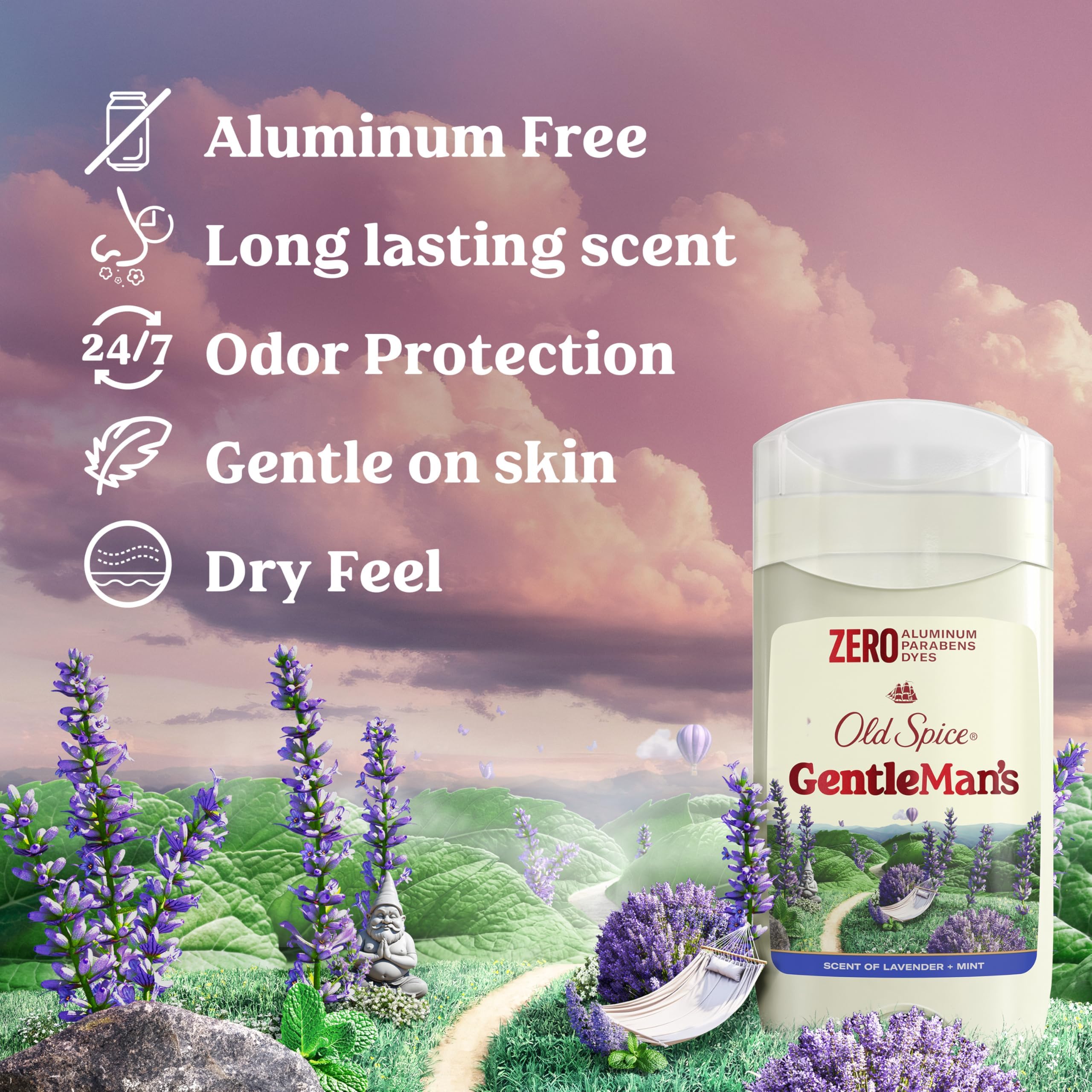 Old Spice Gentleman's Lavender Mint deodorant bottle back label shows five odor-fighting ingredients.