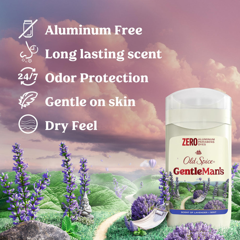 Old Spice Gentleman's Lavender Mint deodorant bottle back label shows five odor-fighting ingredients.