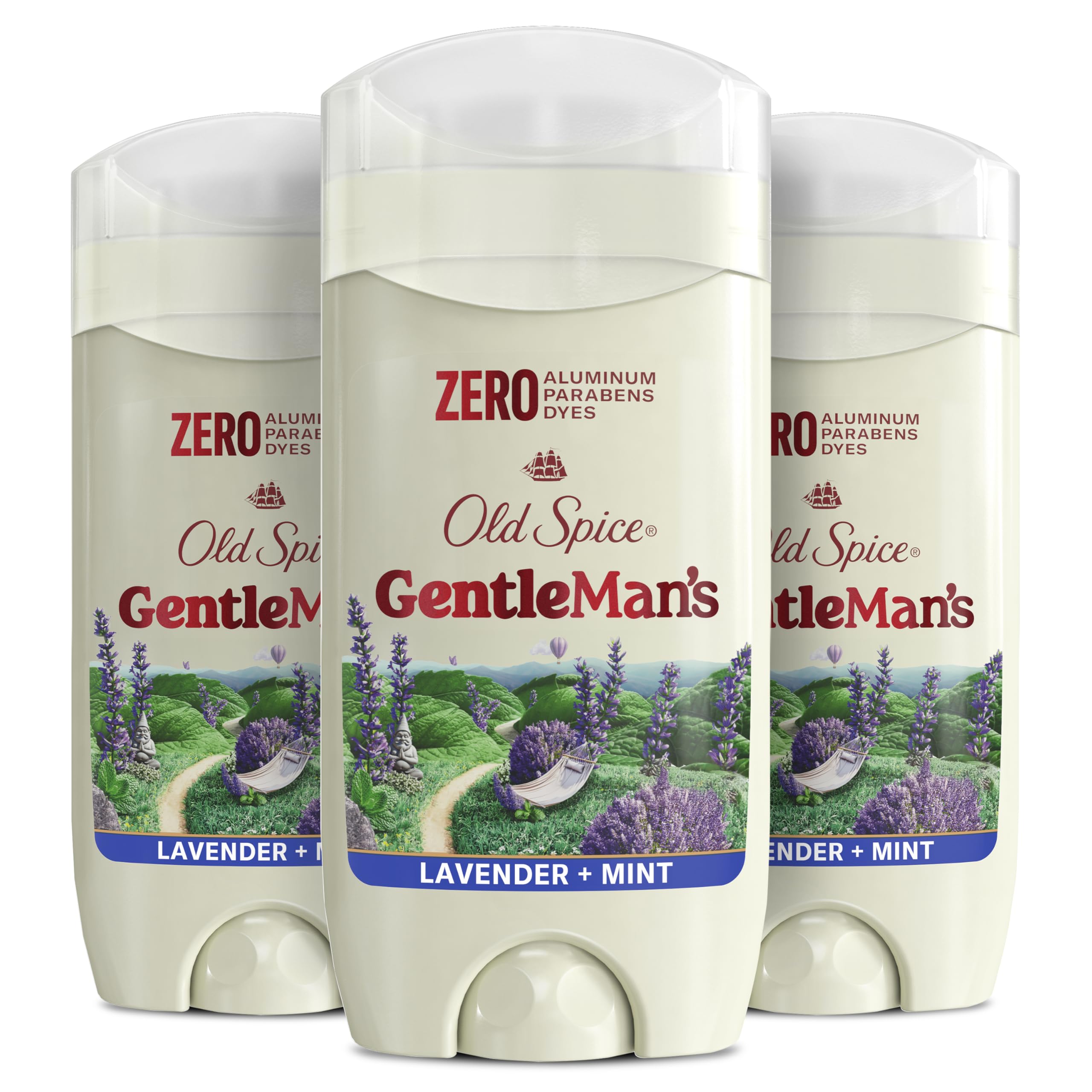 Old Spice Gentleman's Lavender Mint deodorant bottle front highlights aluminum-free, gentle formula.