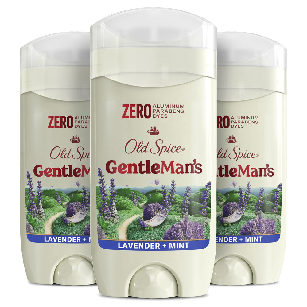 Old Spice Gentleman's Lavender Mint deodorant bottle front highlights aluminum-free, gentle formula.