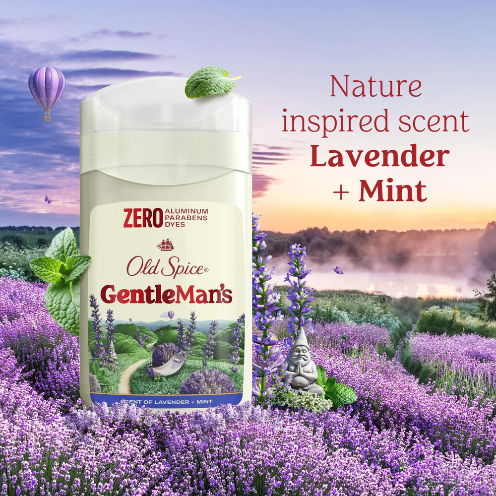 Old Spice Gentleman's Lavender Mint with skin conditioners close-up.