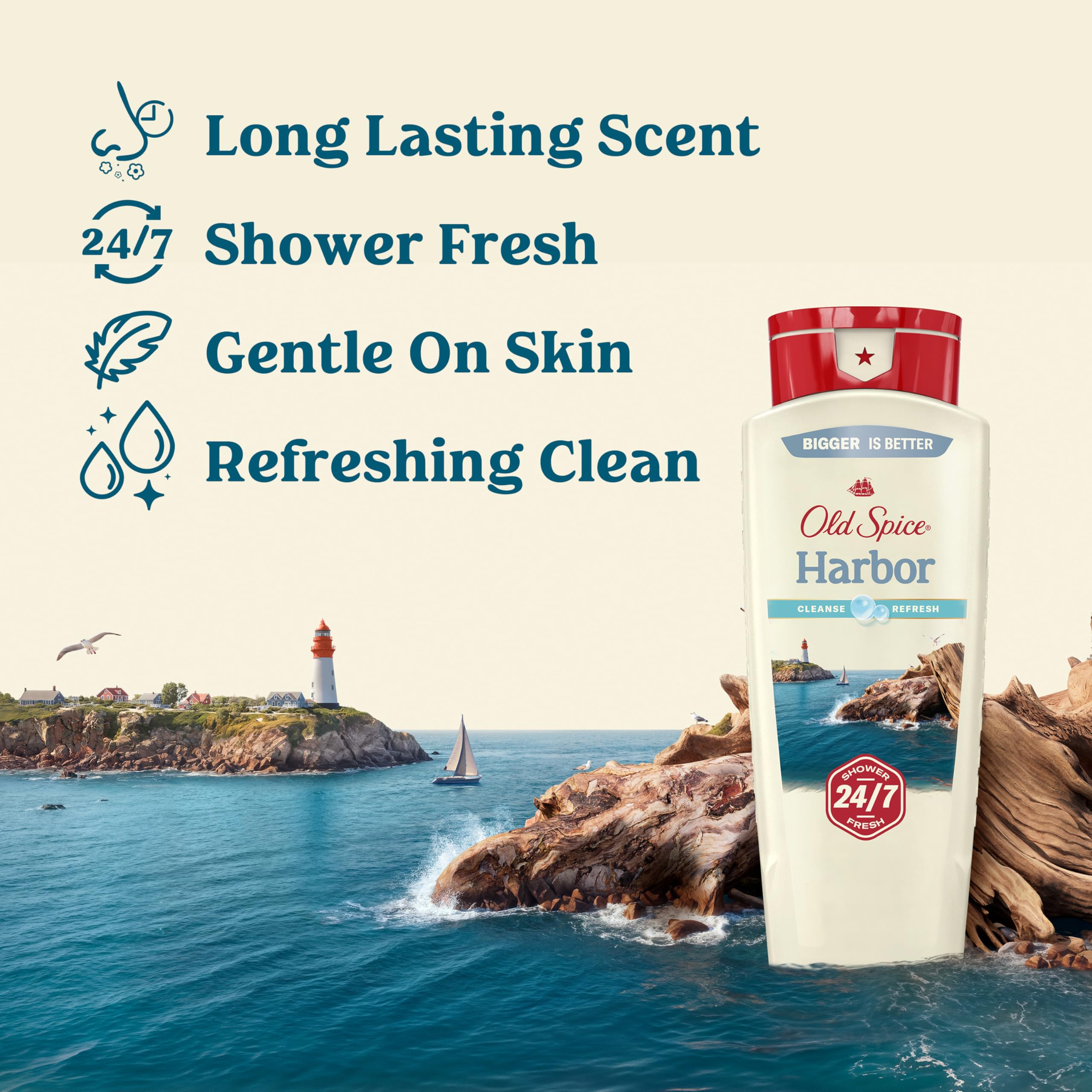 Old Spice Harbor Breeze bottle-label highlights Vitamin B3 for skin-friendly cleansing.