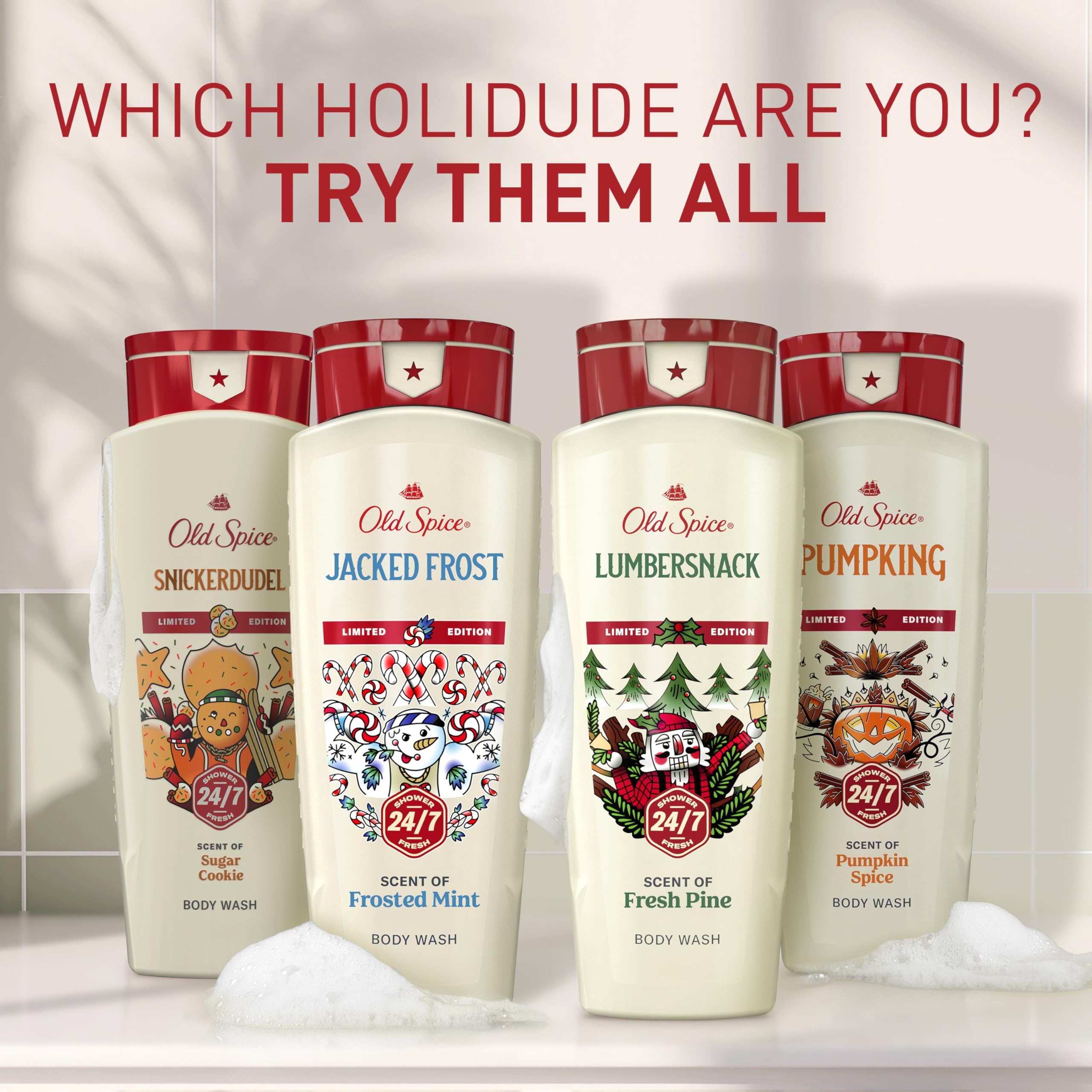 Old Spice Holidudes Stocking stuffer display with festive label.