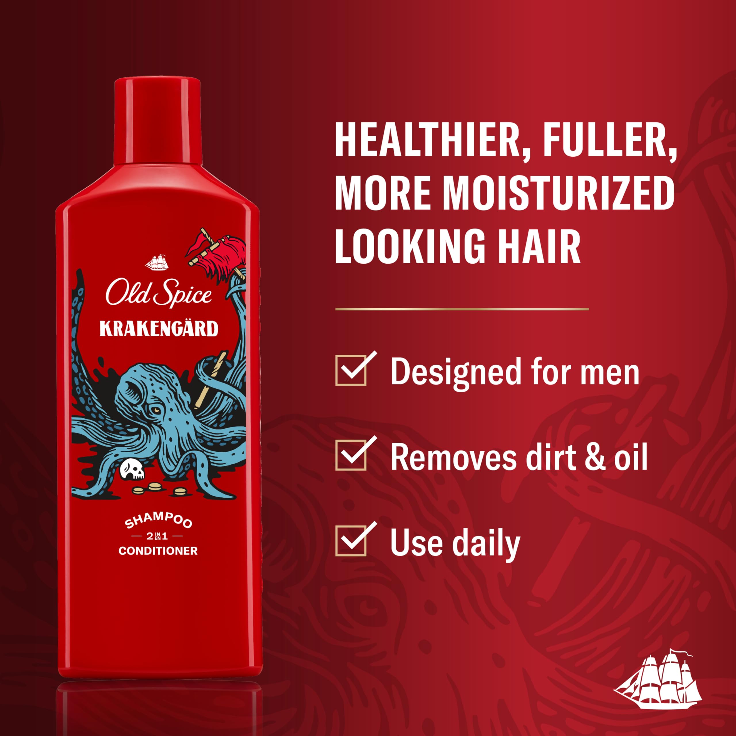 Old Spice Krakengard bottle side view highlighting 2-in-1 formula for convenience.