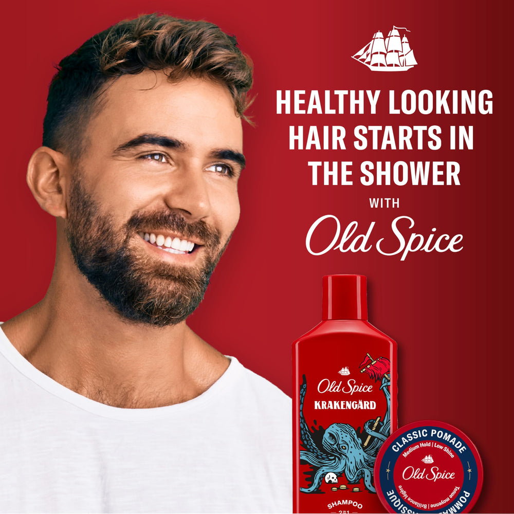 Old Spice Krakengard dirt and oil removal action on scalp illustration.