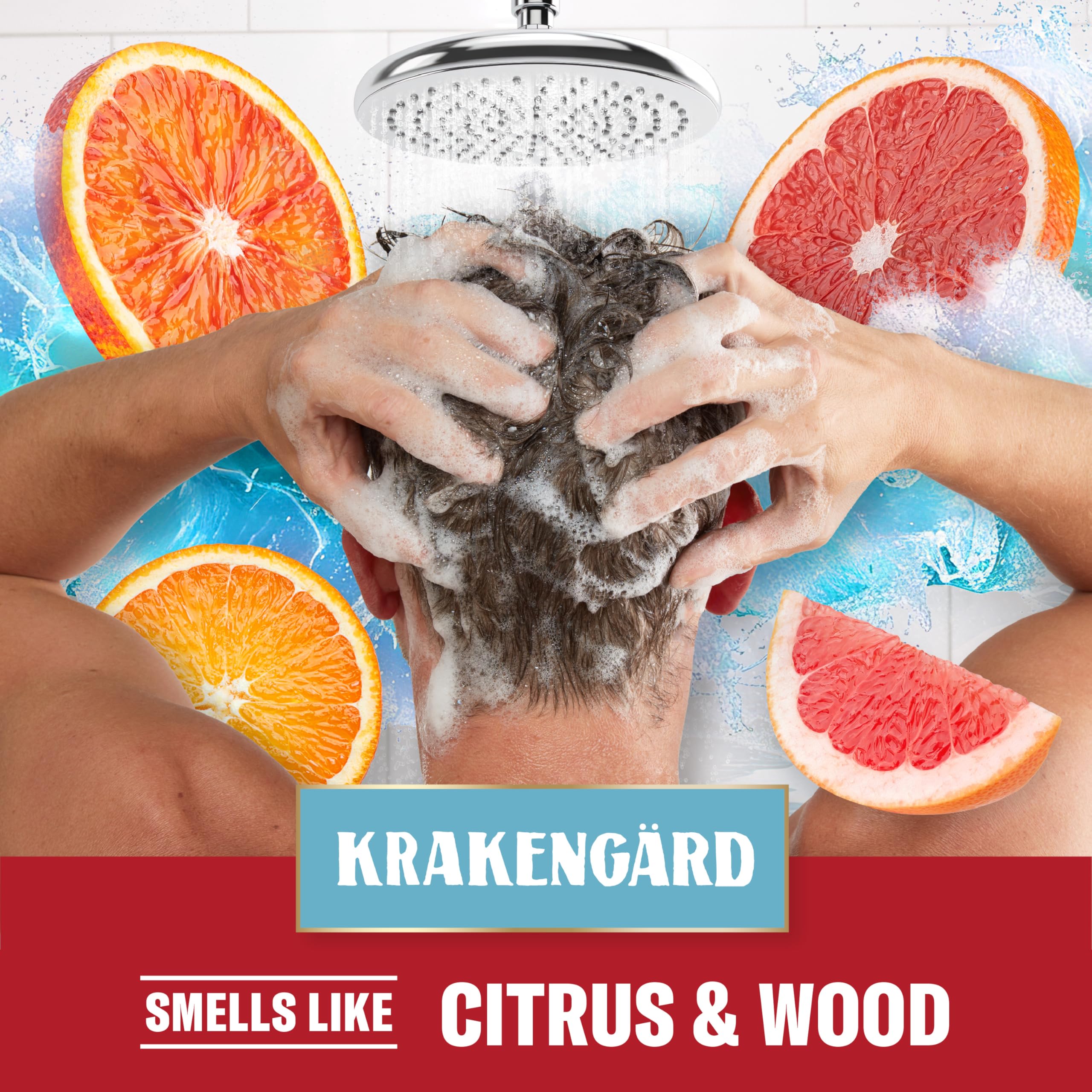 Old Spice Krakengard bottle in shower scene suggesting quick routine.