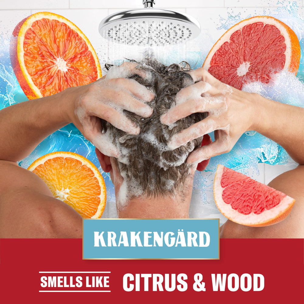 Old Spice Krakengard bottle in shower scene suggesting quick routine.