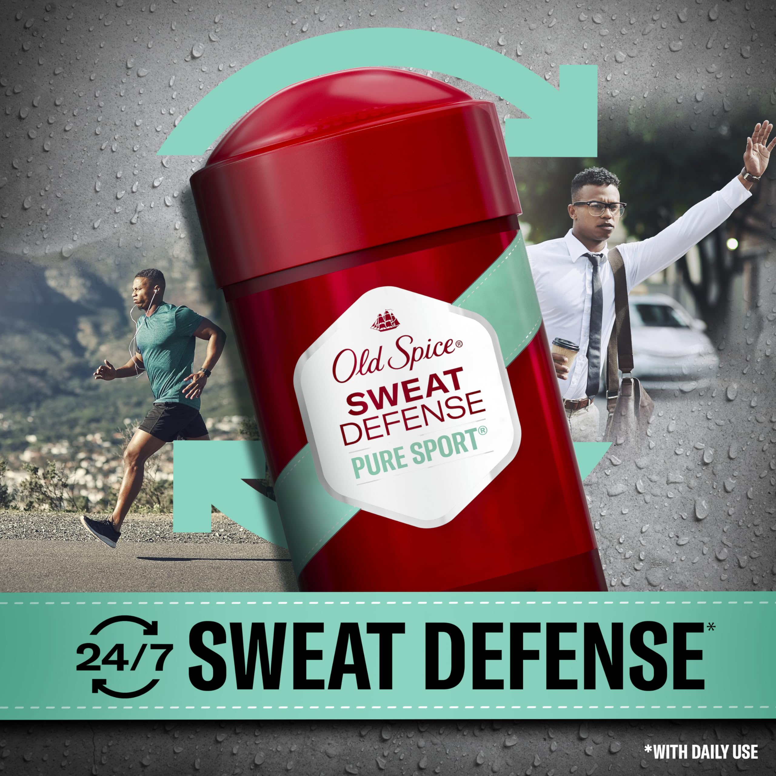 Old Spice Sweat Defense 24/7 protection concept shown on pack for all-day defense.