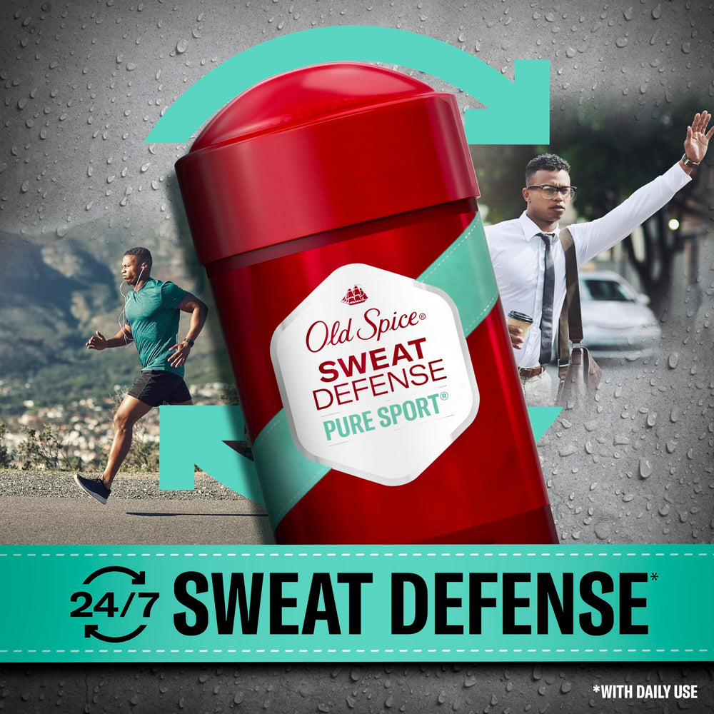 Old Spice Sweat Defense 24/7 protection concept shown on pack for all-day defense.