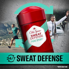 Old Spice Sweat Defense 24/7 protection concept shown on pack for all-day defense.