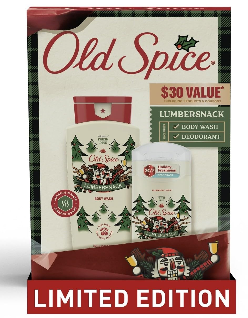 Old Spice LumberSnack deodorant bottle with rugged pine scent for long-lasting freshness.