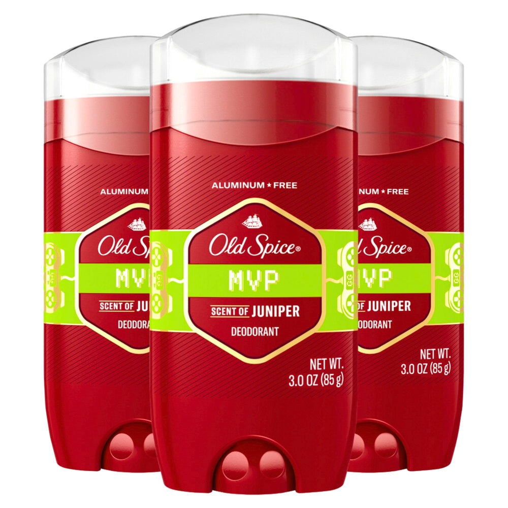 Old Spice MVP deodorant displaying cedarwood, rosewood, and sandalwood scent with long-lasting odor protection.