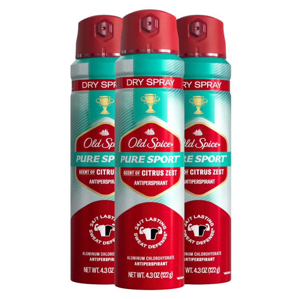 Old Spice Pure Sport Plus Invisible Dry Spray front view for all-day protection.