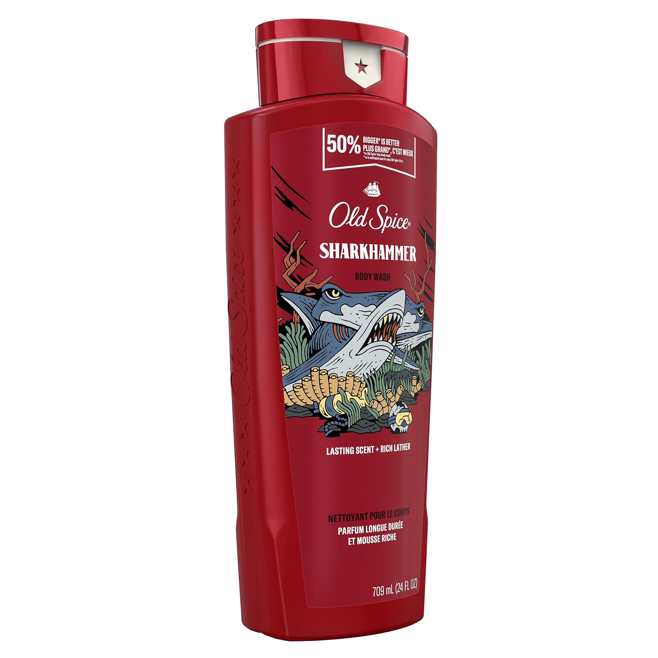 Old Spice Sharkhammer bathroom-counter display emphasizes rugged branding and scent.