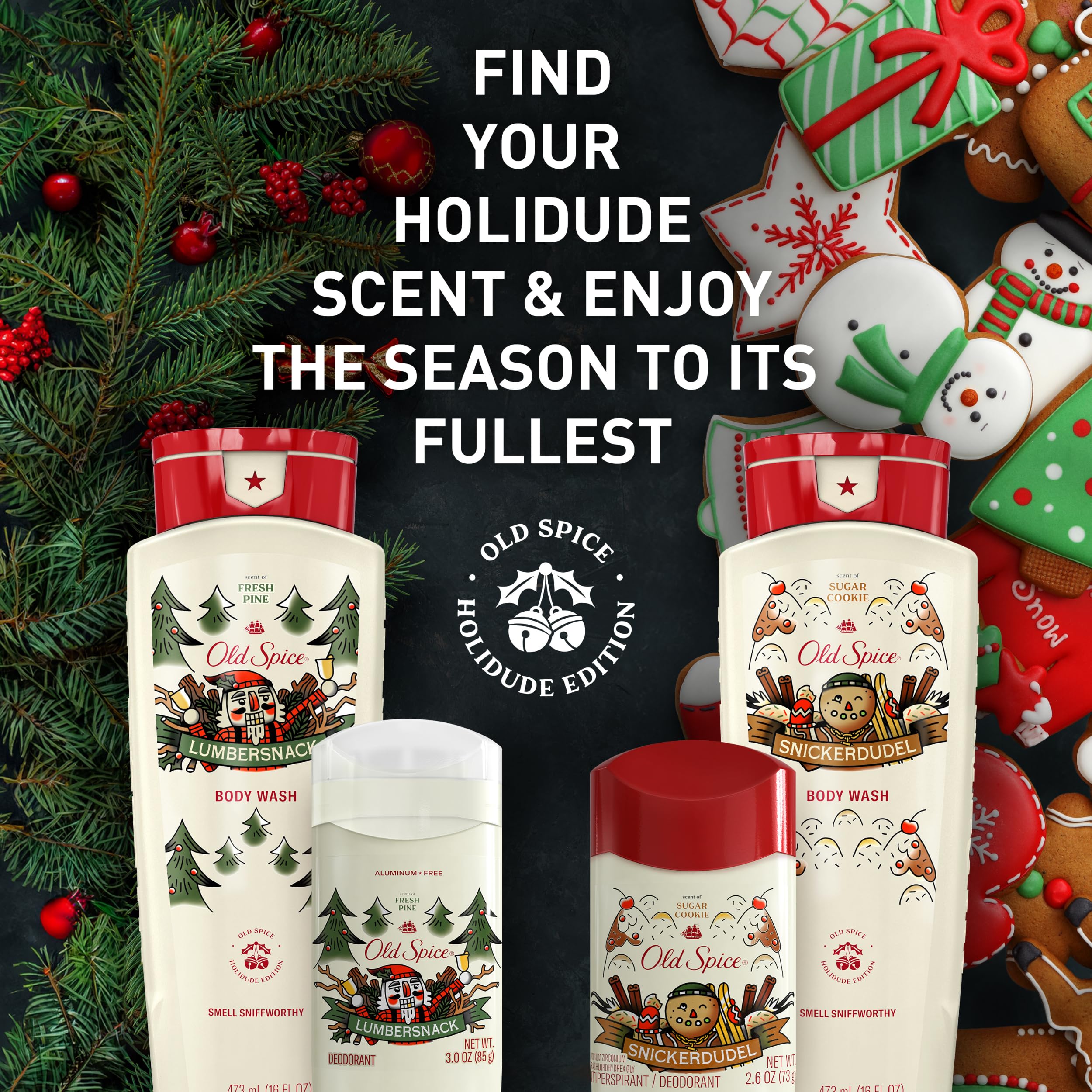 Snickerdudel bakery scent on deodorant bottle offering sweet, festive wear.