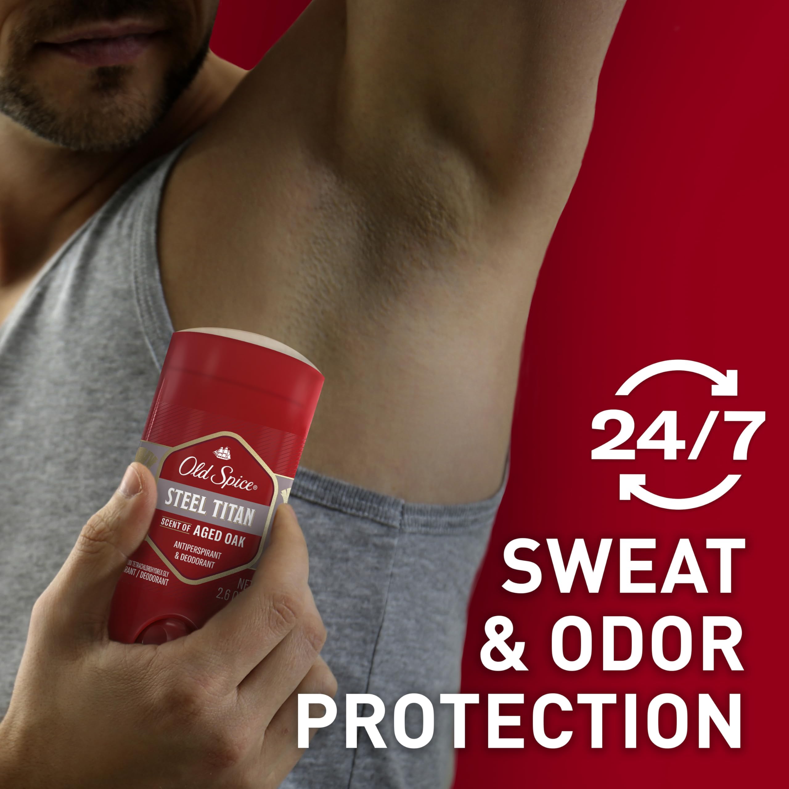 Old Spice Steel Titan aged oak front label with scent notes