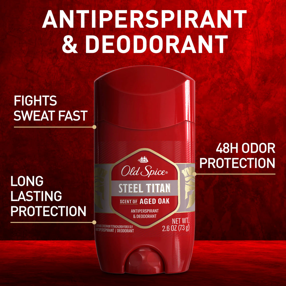 Old Spice Steel Titan aged oak pack shot highlighting six-pack value