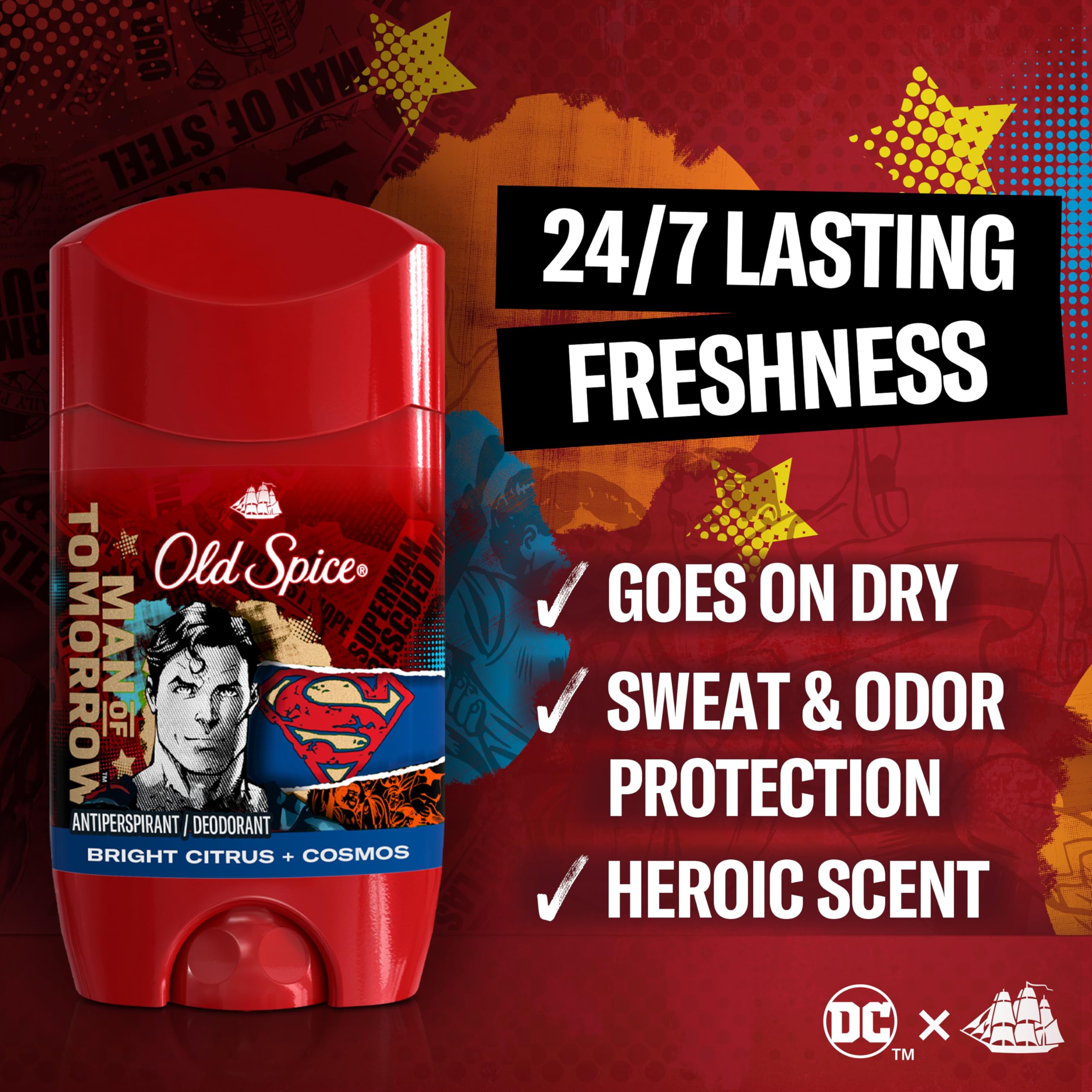 Old Spice Superman invisible solid close-up showing dry, residue-free wear.