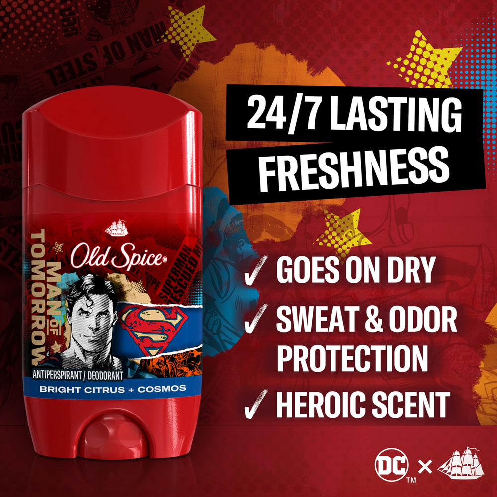 Old Spice Superman invisible solid close-up showing dry, residue-free wear.