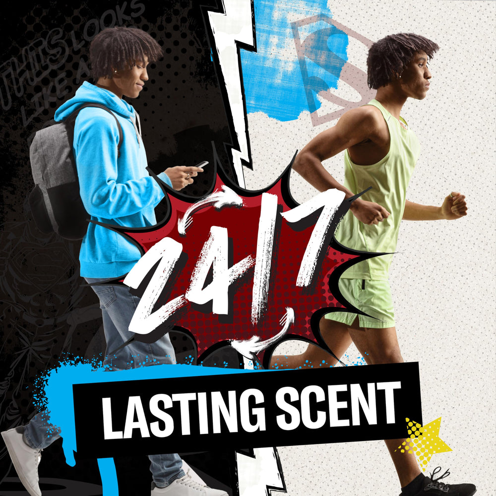 Old Spice Superman Bright Citrus Cosmos scent visual linked to energizing all-day fragrance.