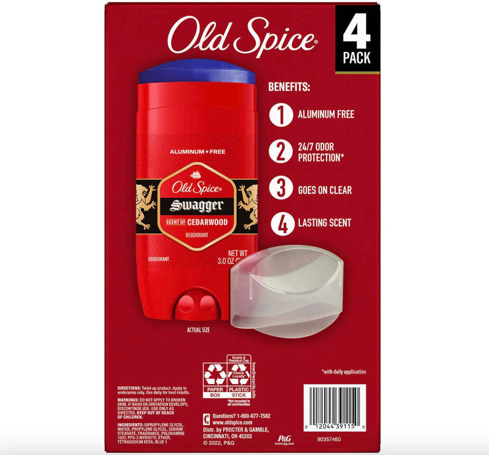 Old Spice Swagger 4-pack box highlighted for ongoing, unisex scent and protection.