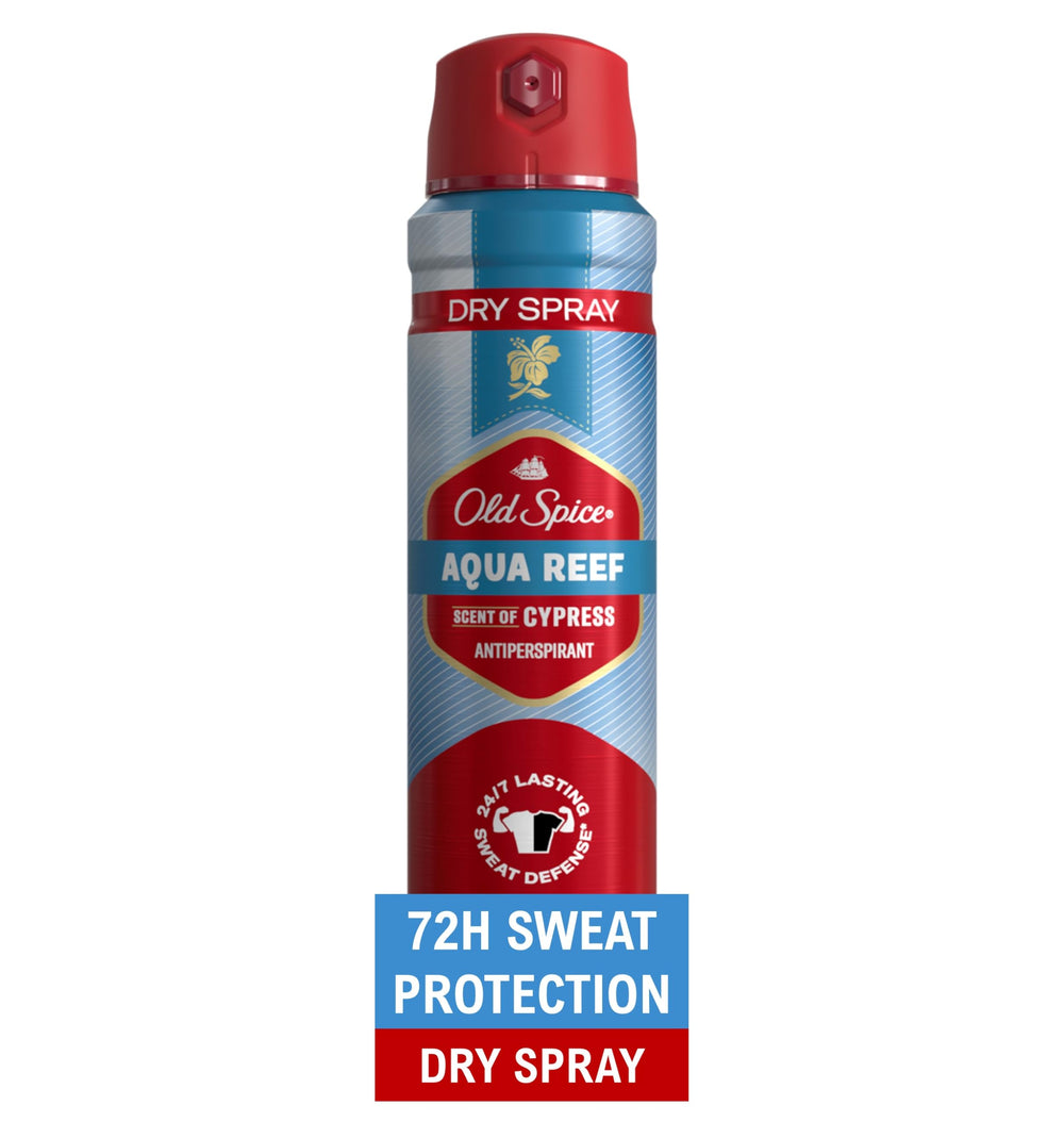 Old Spice Sweat Defense Dry Spray bottle front with Aqua Reef scent for all-day freshness.