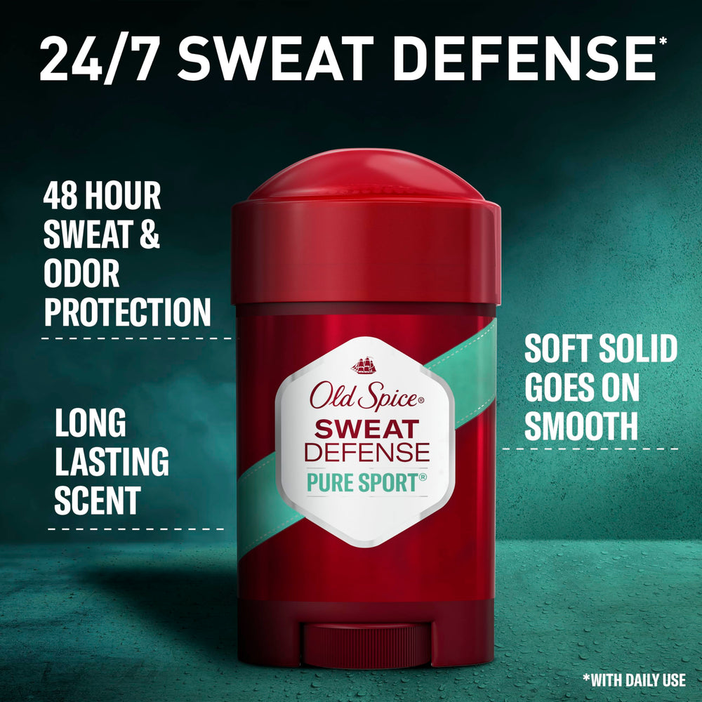 Old Spice Sweat Defense soft solid stick being applied for dry, comfortable underarms.