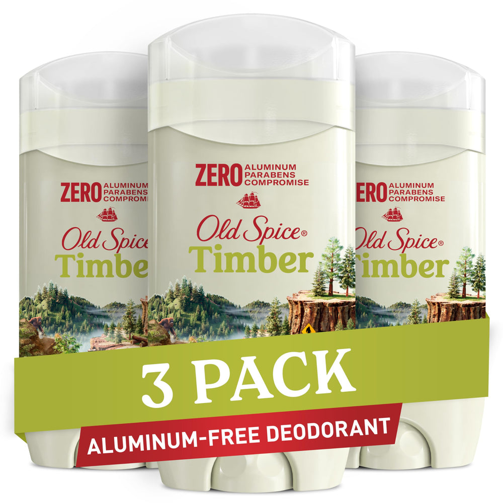 Old Spice Timber Sandalwood deodorant bottle pouring for easy application and lasting freshness.
