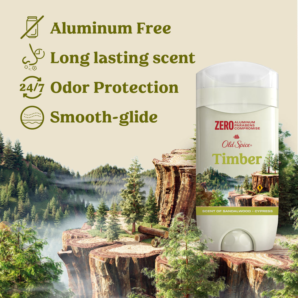 Old Spice Timber Sandalwood deodorant clear application on skin without residue for all-day confidence.