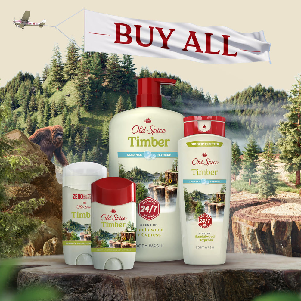 Old Spice Timber Sandalwood image showing 3 oz pack for travel-ready freshness.