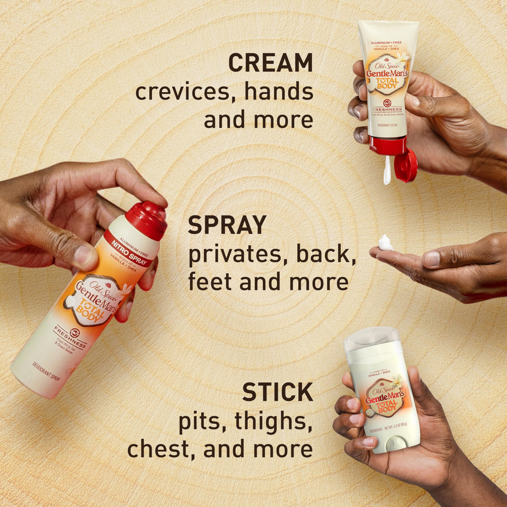 Old Spice Total Body Deodorant used on chest shows odor protection across torso