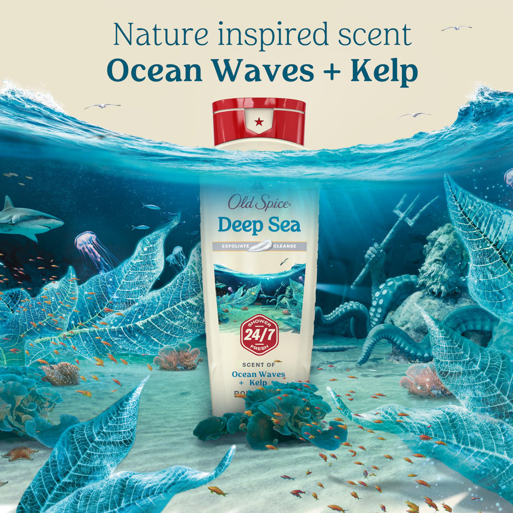 Old Spice Vitamin B3 badge on bottle emphasizing skin-friendly cleansing.