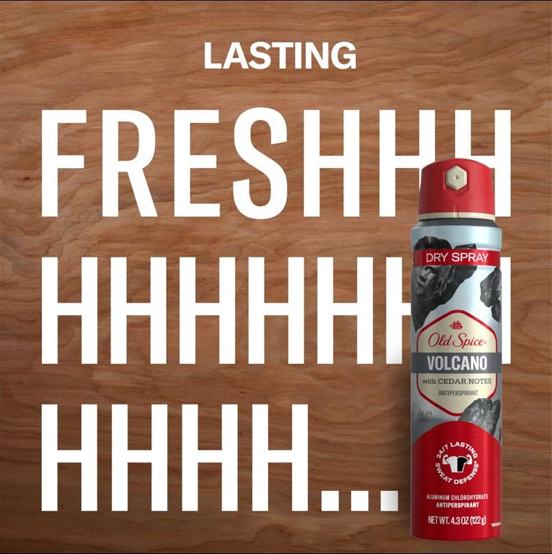 Amber-hued pack of Old Spice Volcano dry spray suggests premium protection