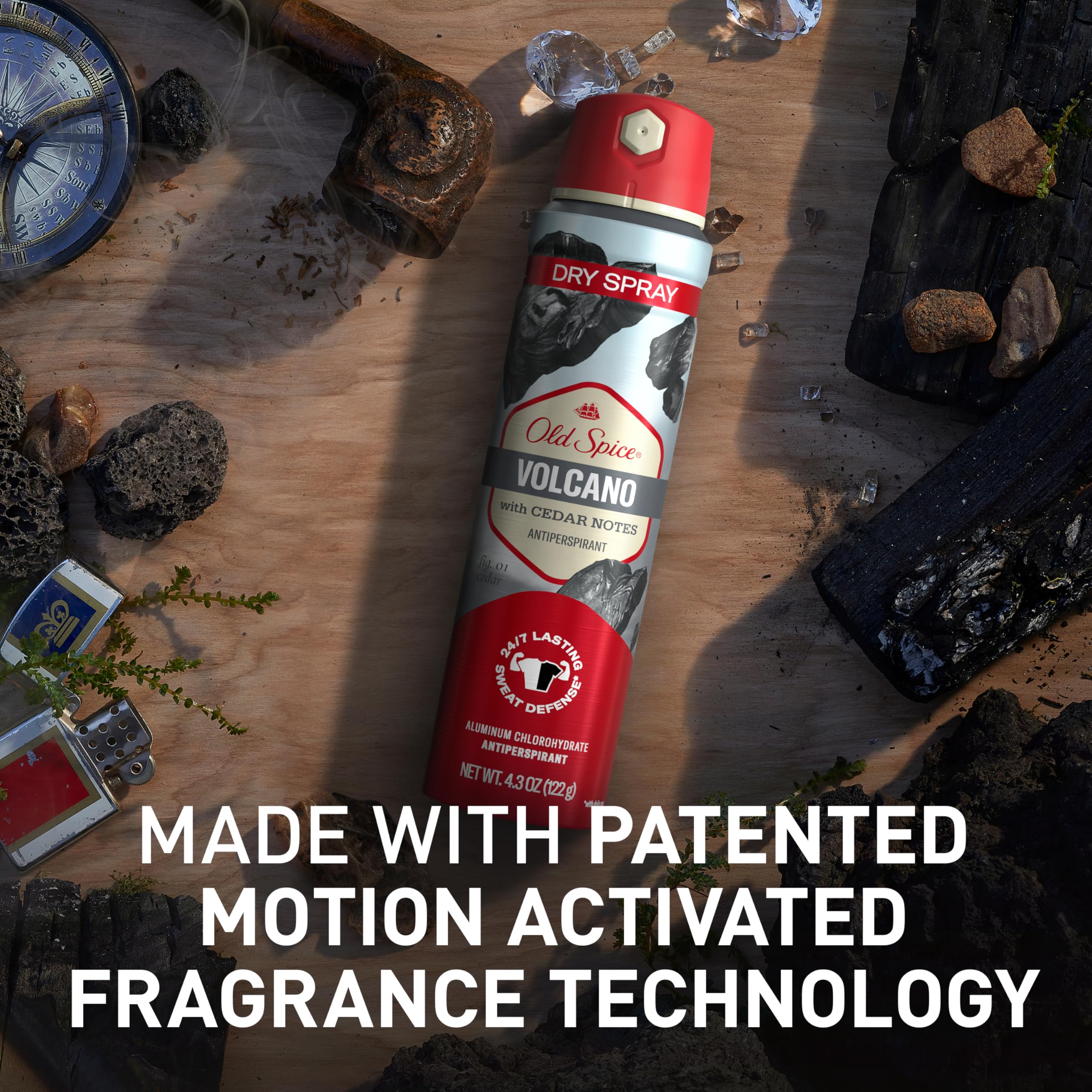 Label design of Old Spice Volcano dry spray communicates masculine fragrance