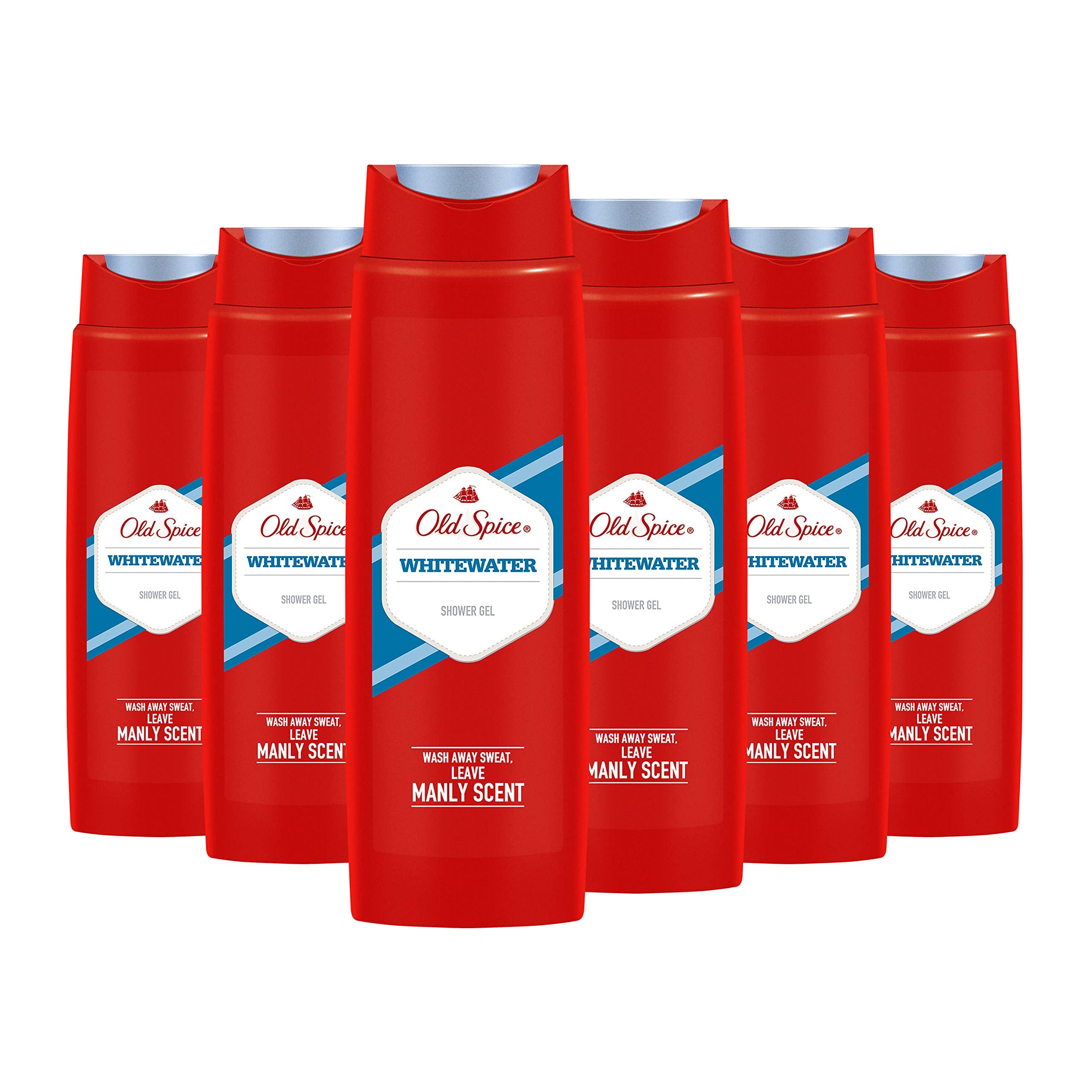 Old Spice Whitewater shower gel bottle pouring, bold refreshing fragrance for daily use.
