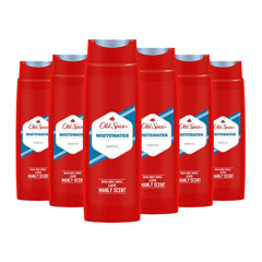 Old Spice Whitewater shower gel bottle pouring, bold refreshing fragrance for daily use.
