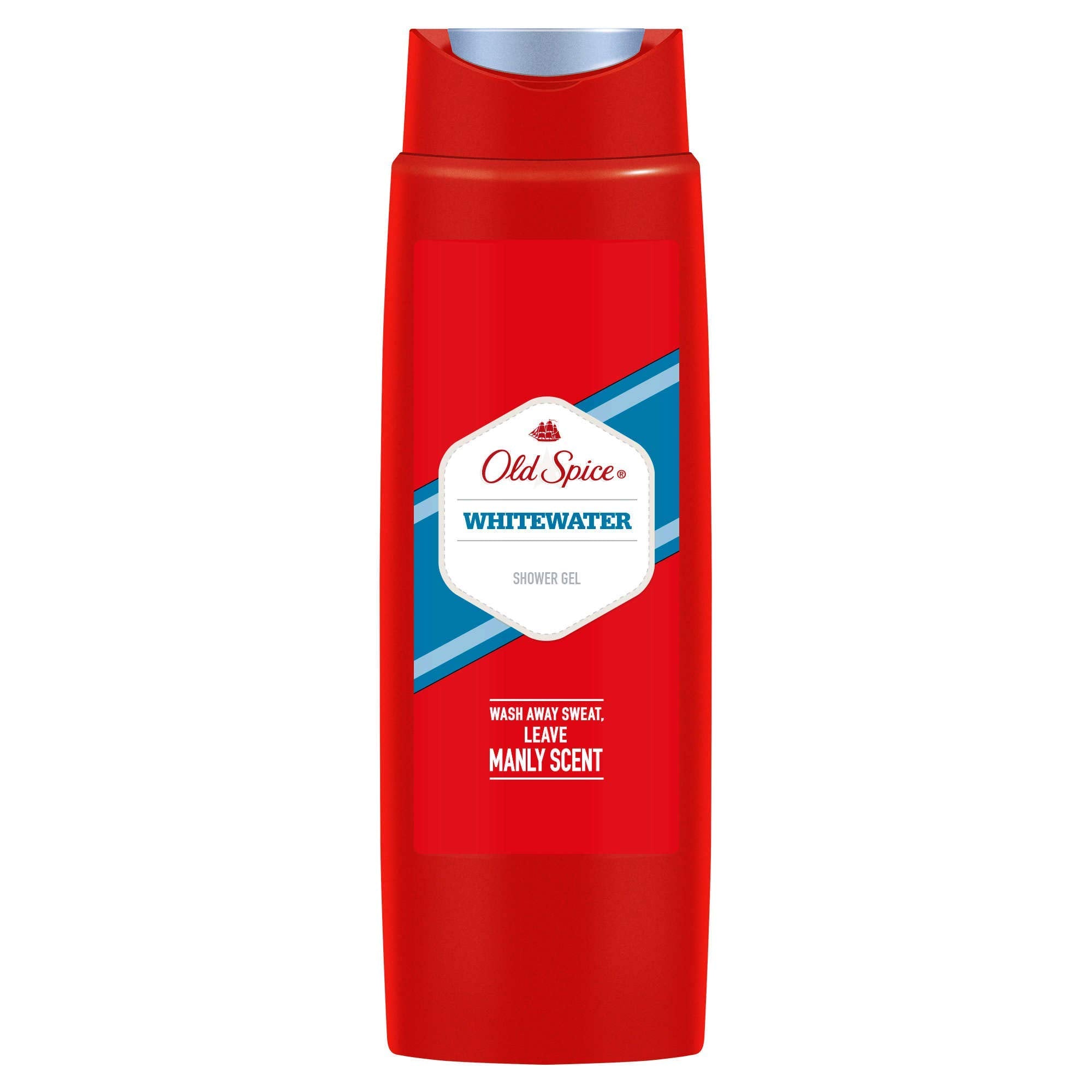 Old Spice Whitewater shower gel in hand forming refreshing lather for a quick rinse.