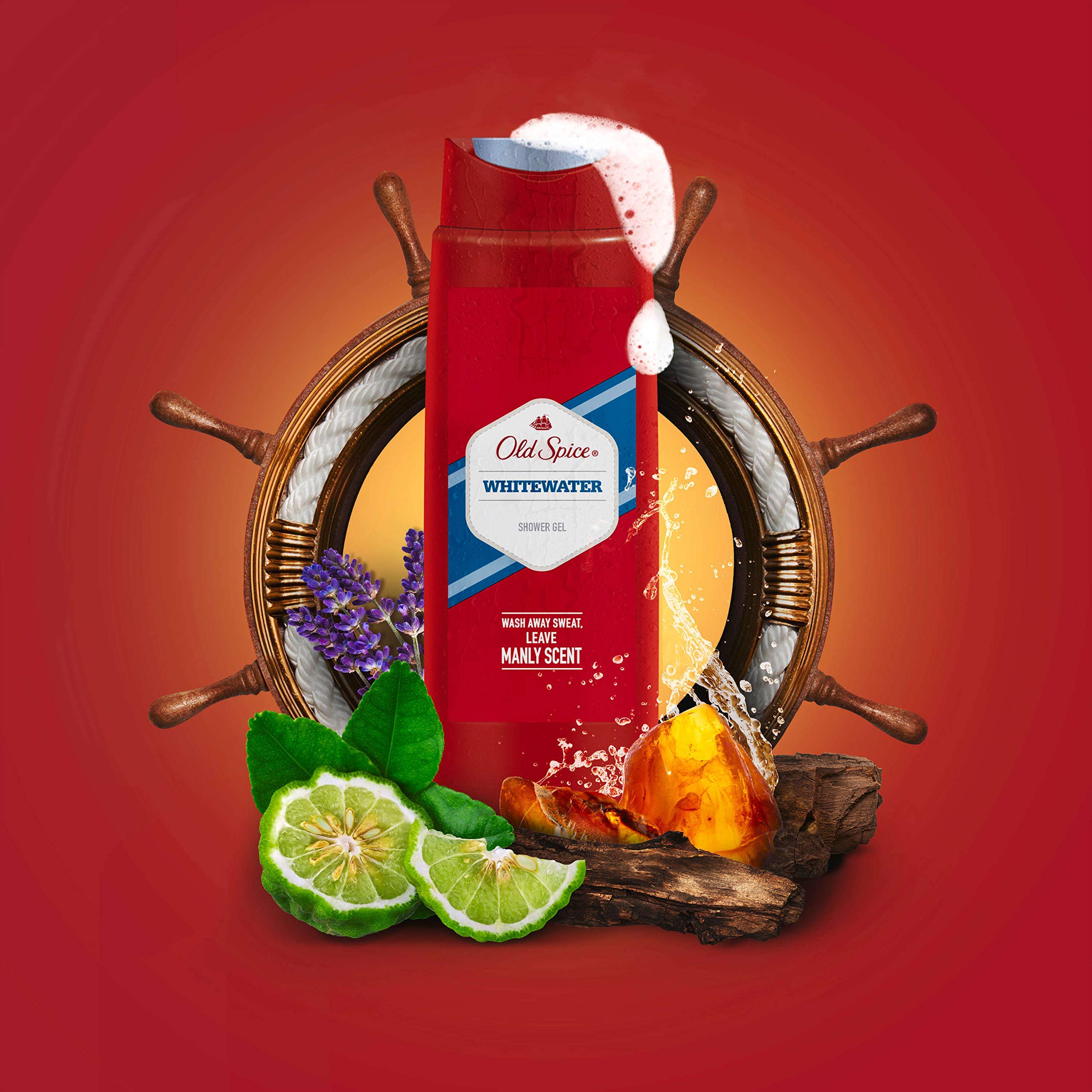 Old Spice Whitewater six-pack packaging shown, ideal for home or travel.