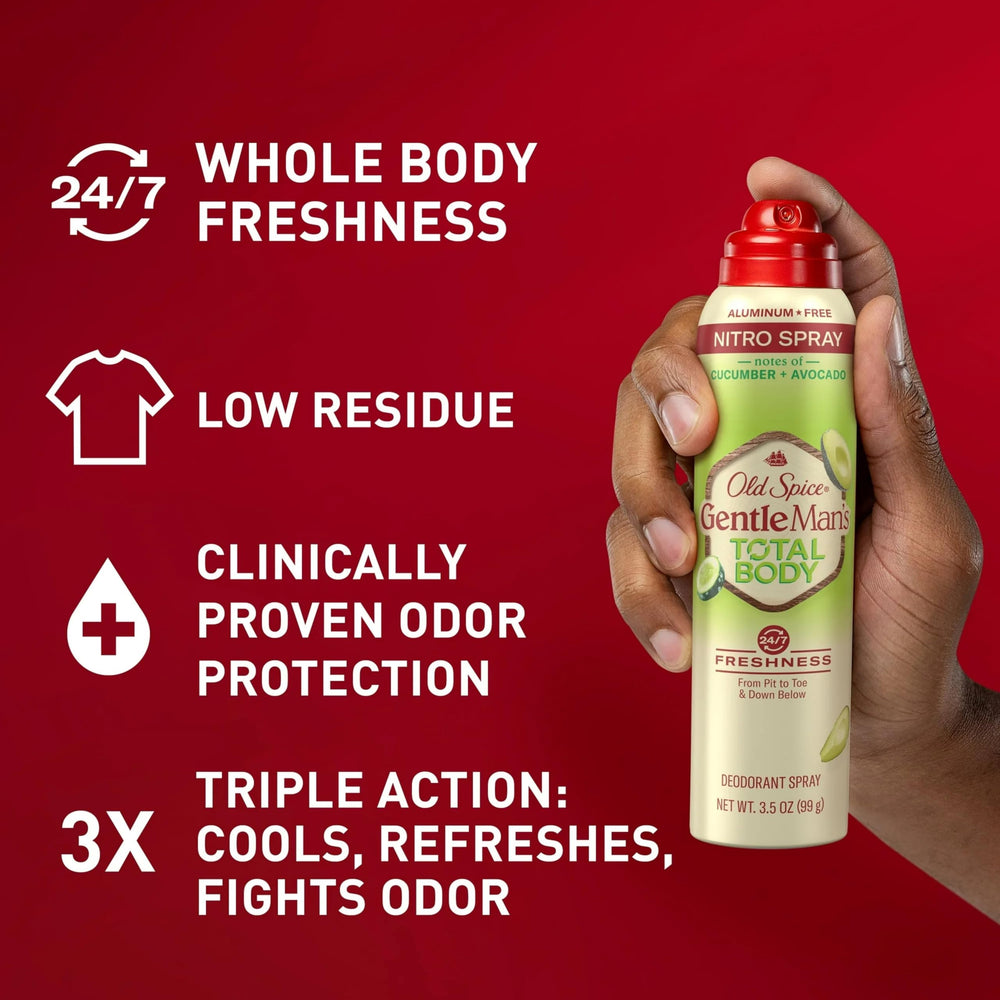 Old Spice spray mist on skin with cucumber avocado scent for daily freshness.