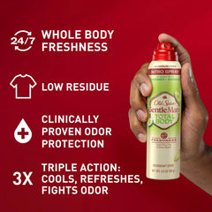 Old Spice spray mist on skin with cucumber avocado scent for daily freshness.