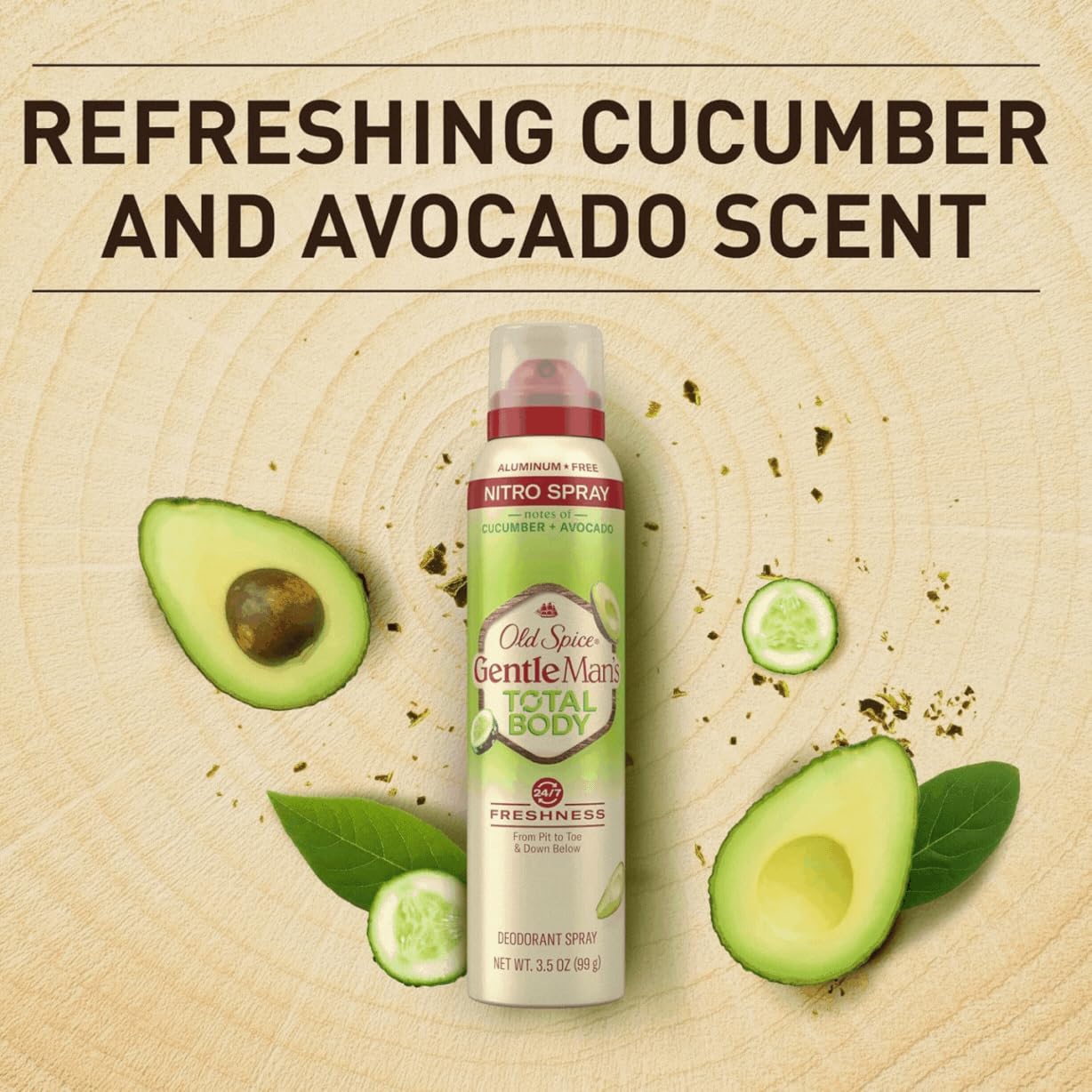 Old Spice Whole Body Deodorant Spray side view shows aluminum-free formula.