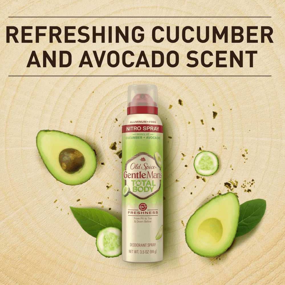 Old Spice Whole Body Deodorant Spray side view shows aluminum-free formula.
