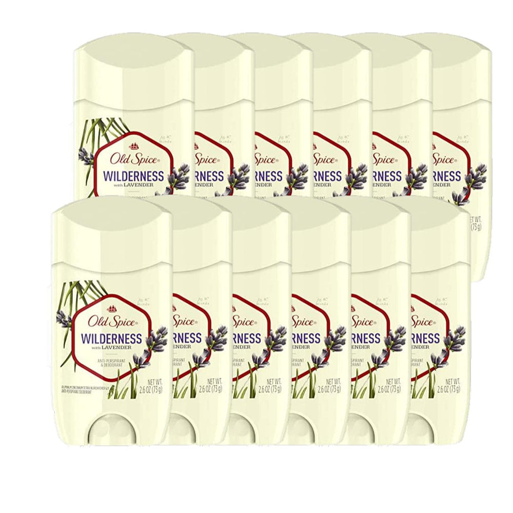 Old Spice Wilderness Lavender invisible solid bottle shows long-lasting dryness.