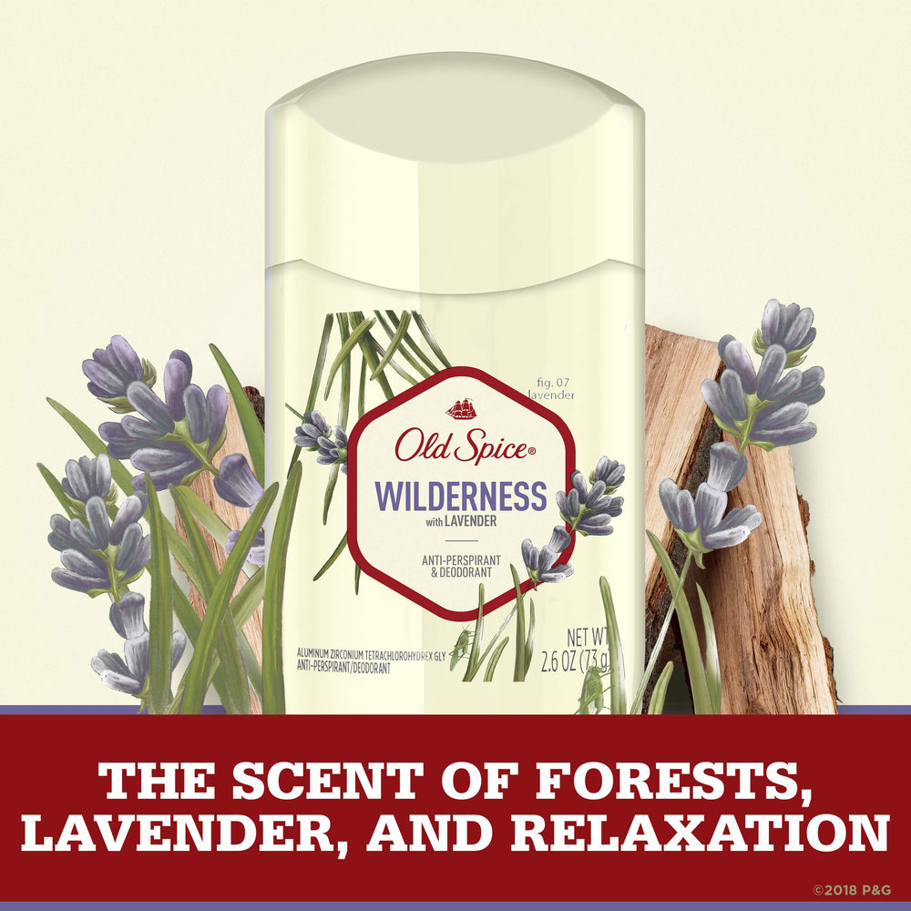 Old Spice Wilderness Lavender solid stick application demonstrates mess-free use.