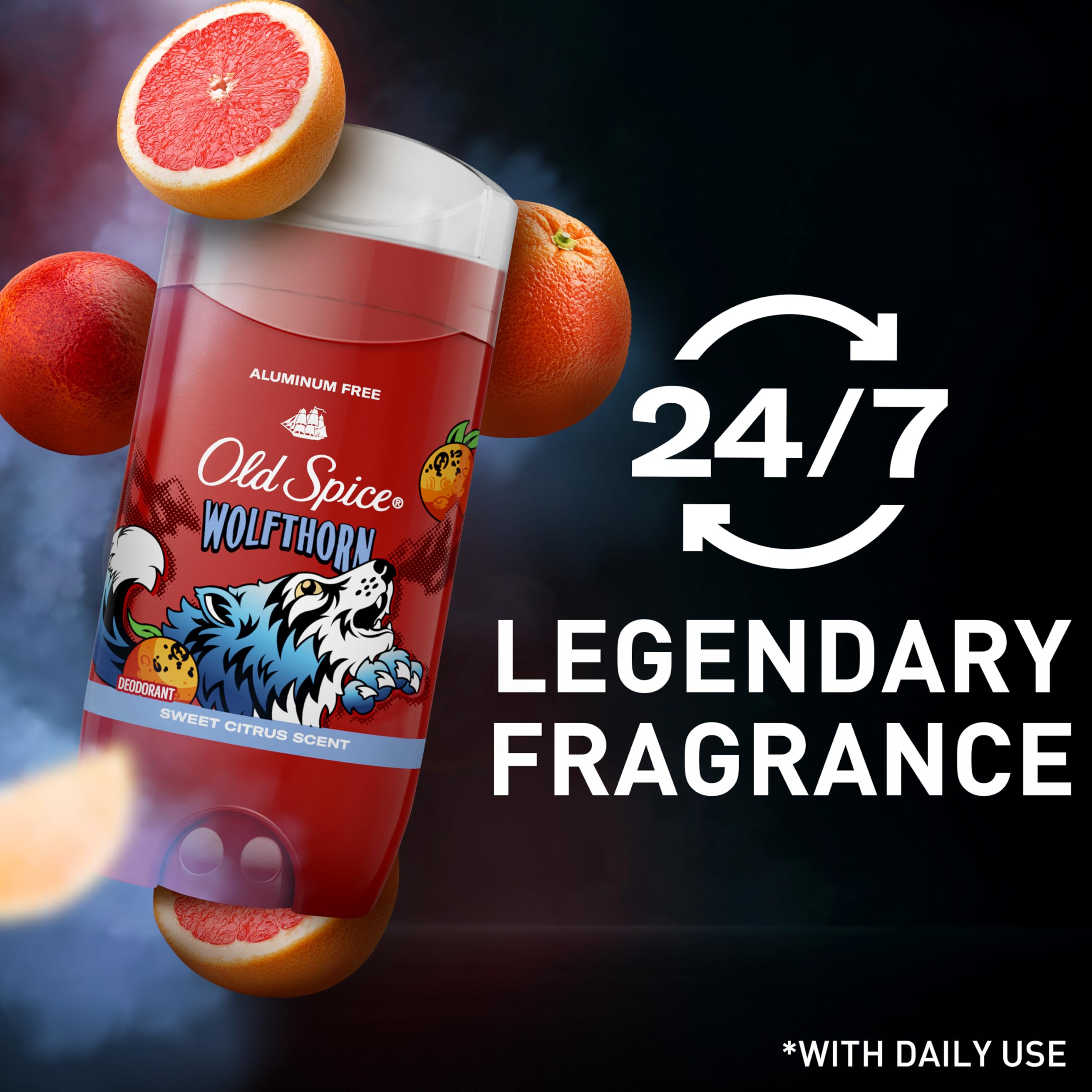 Graphic emphasizes 24/7 odor protection and sustained freshness for daily use.